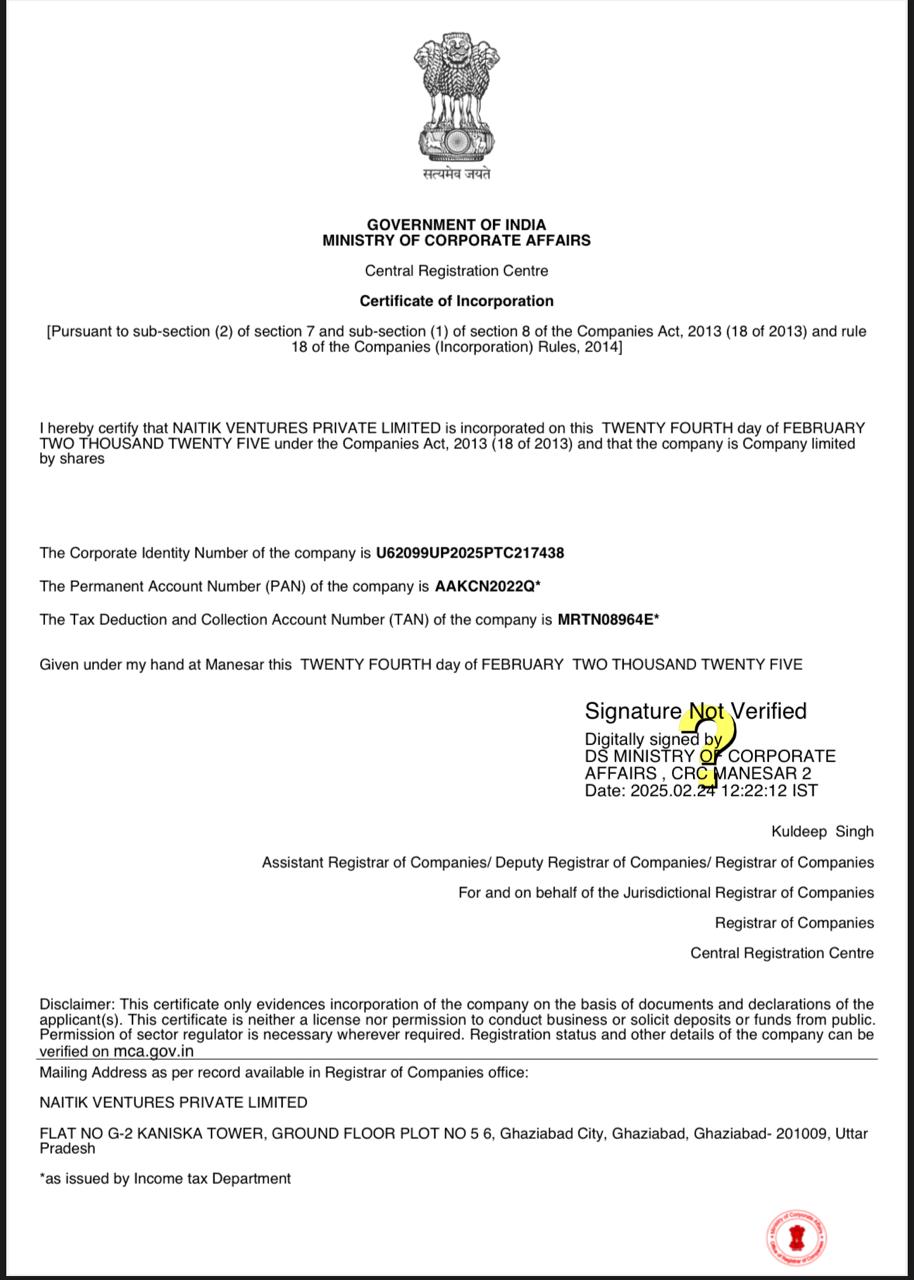 Certificate of Incorporation of Naitik Ventures Private Limited